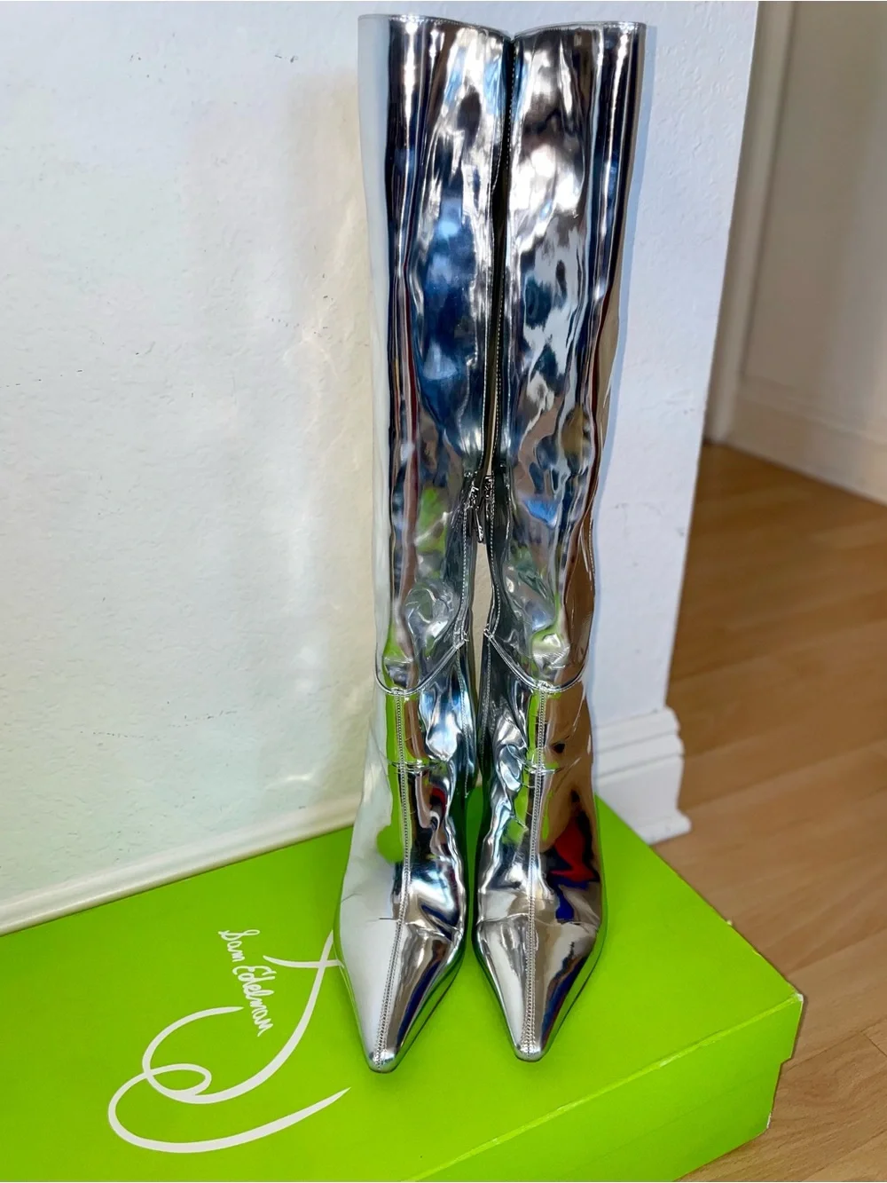 Sam Edelman Vance 2 Knee High Boots Soft Silver Metallic Pointed Toe Block Heel